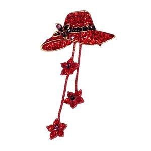 Vintage Red Hat Society Brooch Pin Red & Purple Rhinestones Two Flowered Chords
